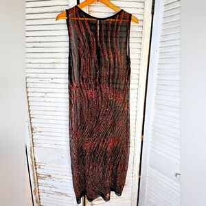 Vintage 80s Sheer Midi Length Shift Dress With Sparkle Print In Red & Gold Small